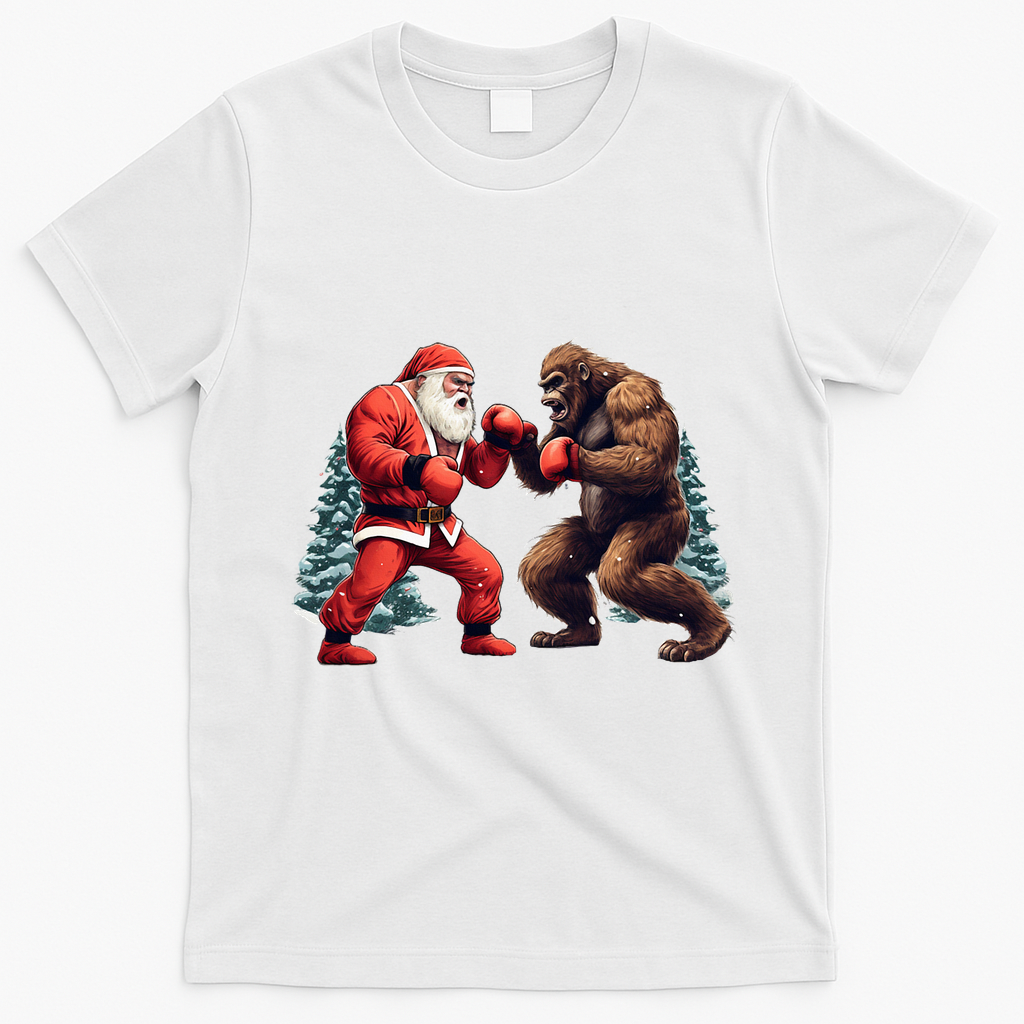 Santa Claus Boxing Bigfoot Sasquatch Christmas T-Shirt - White