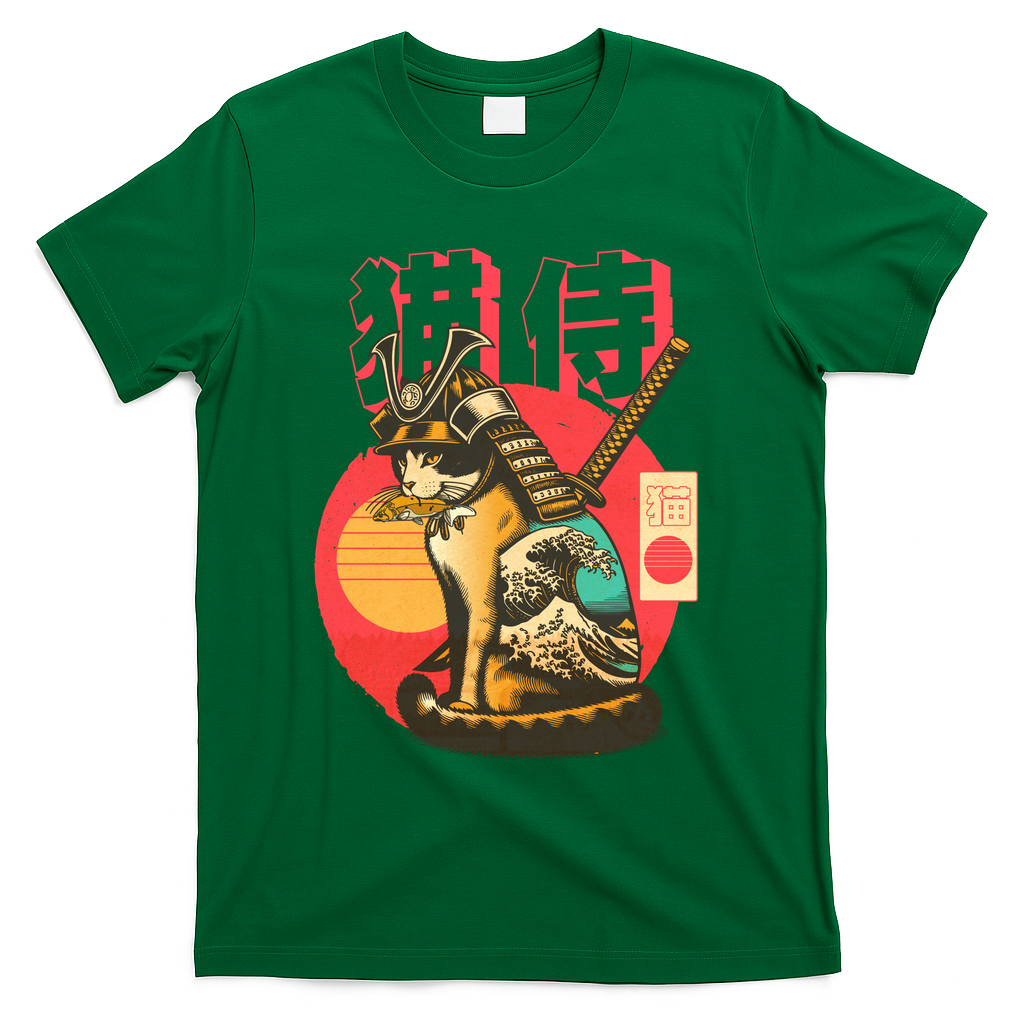 Samurai Cat Graphic T-Shirt - Green