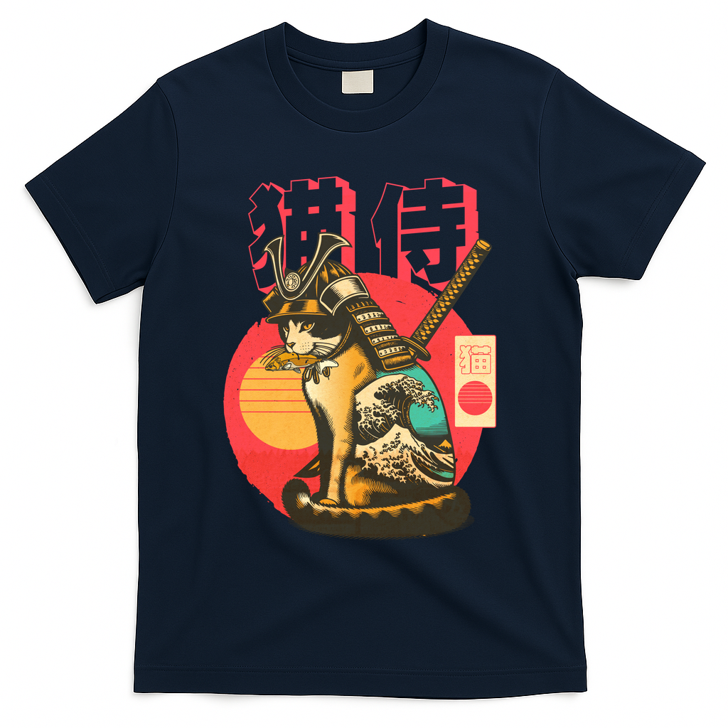 Samurai Cat Graphic T-Shirt - Navy