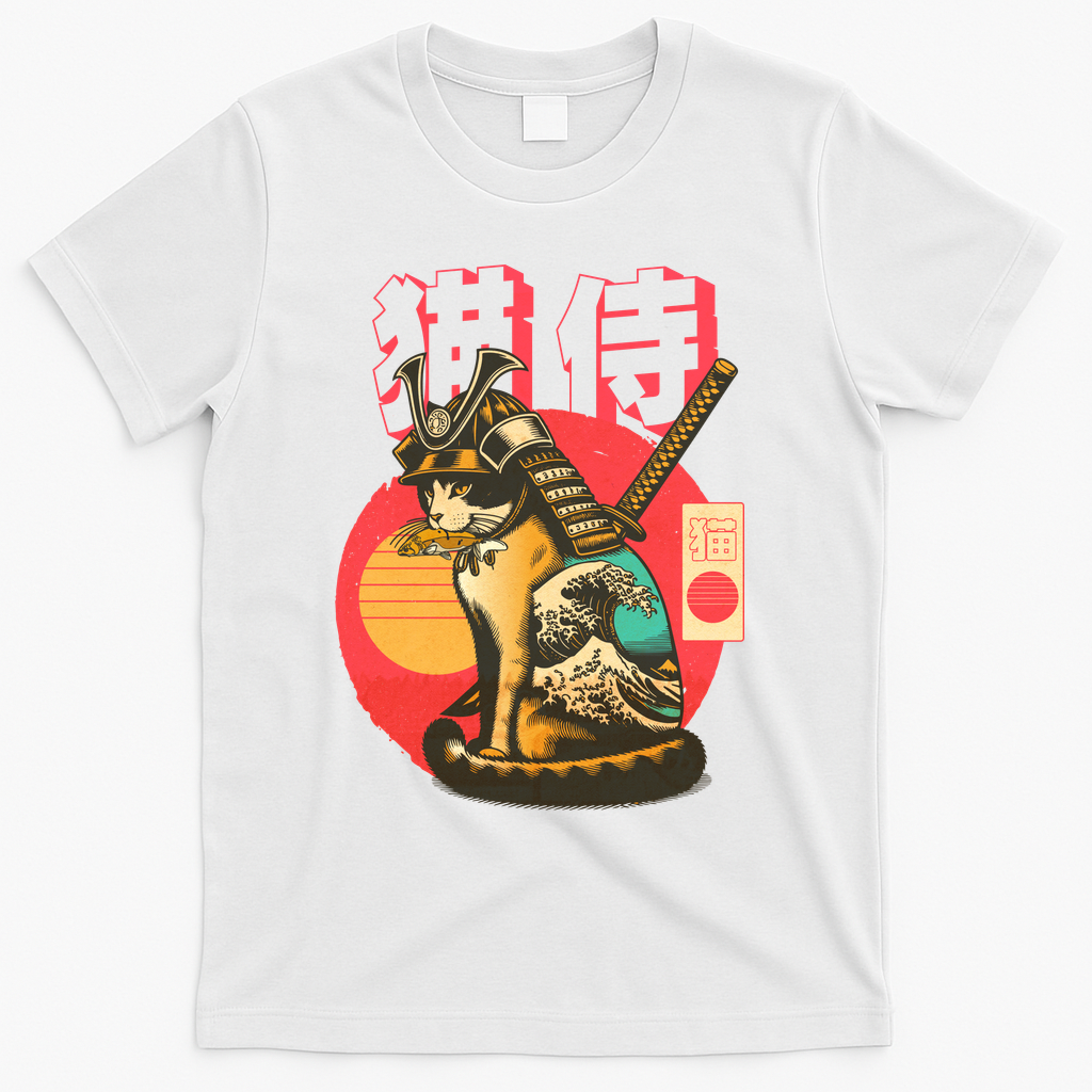 Samurai Cat Graphic T-Shirt - White