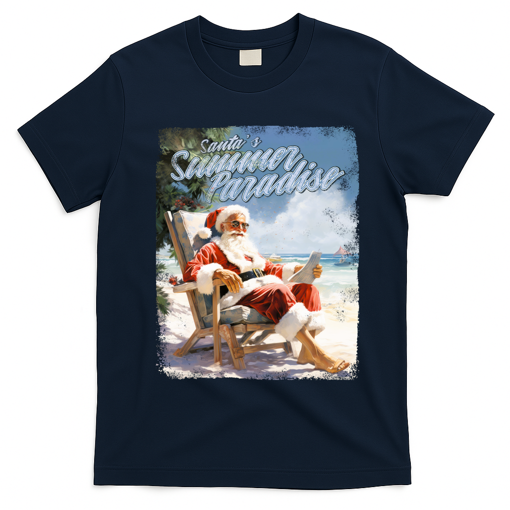 Santa Chillin On The Beach Summer Paradise T-Shirt - Navy Blue