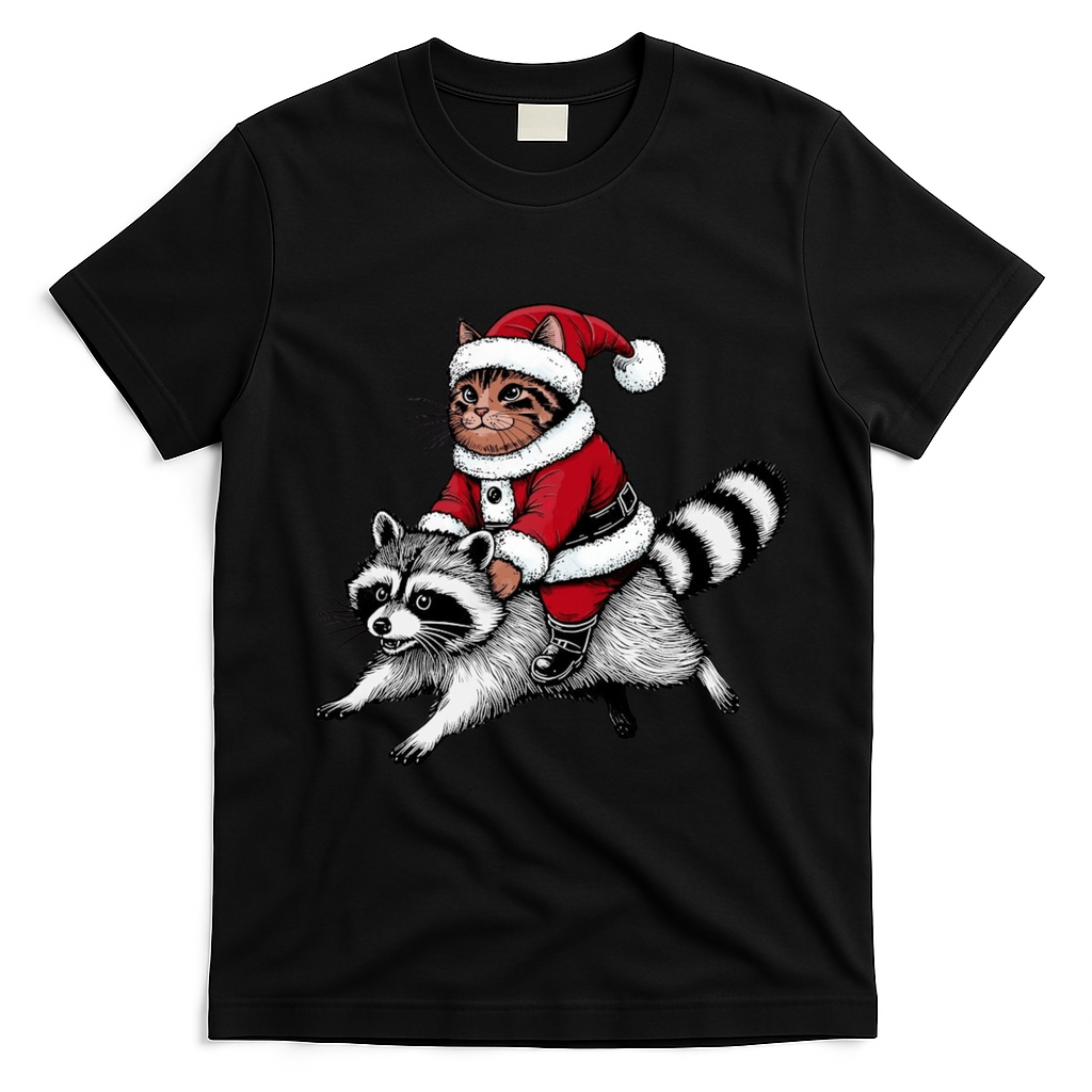 Santa Cat Raccoon Funny Christmas Animal Lover T-Shirt - Black