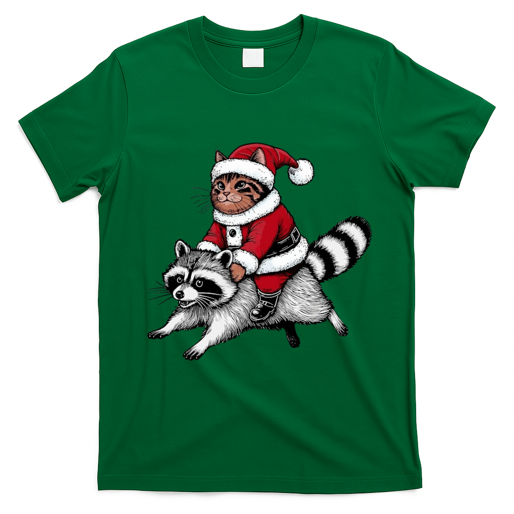 Santa Cat Raccoon Funny Christmas Animal Lover T-Shirt - Irish Green