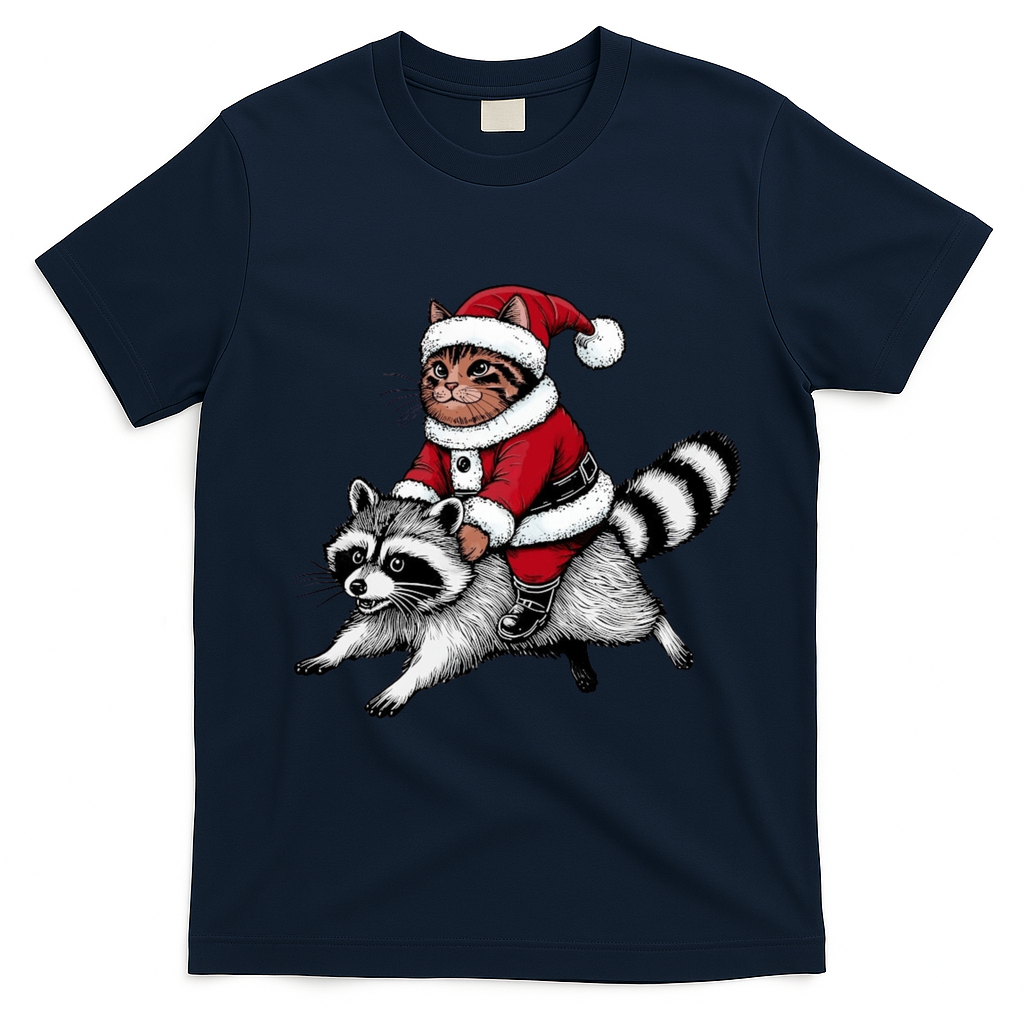 Santa Cat Raccoon Funny Christmas Animal Lover T-Shirt - Navy Blue