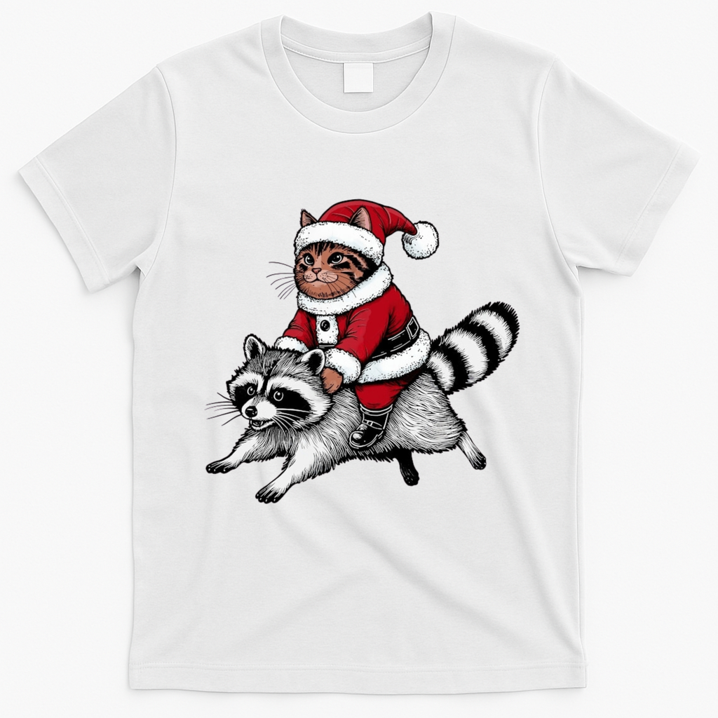 Santa Cat Raccoon Funny Christmas Animal Lover T-Shirt - White