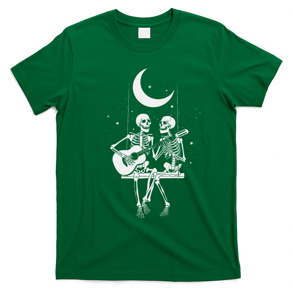 Skeleton Couple Under The Moon Playing Guitar Graphic T-Shirt - Irish Green