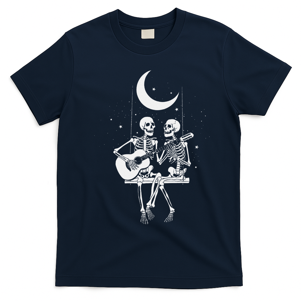 Skeleton Couple Under The Moon Playing Guitar Graphic T-Shirt - Navy Blue