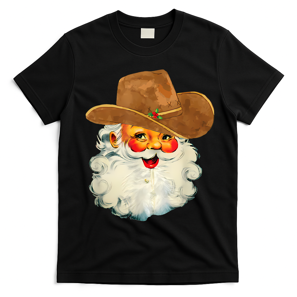 Santa Cowboy Western Christmas Xmas Holiday Pajamas T-Shirt - Black