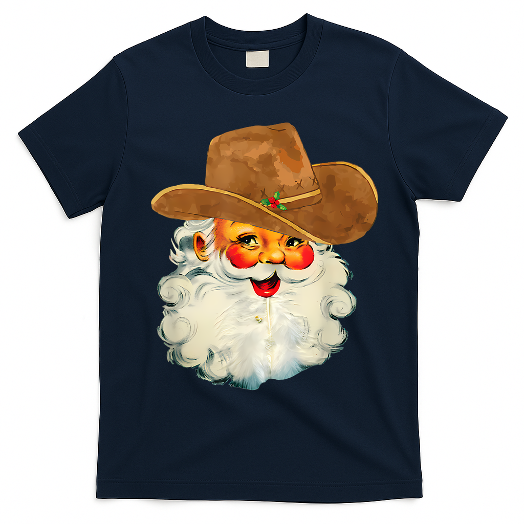 Santa Cowboy Western Christmas Xmas Holiday Pajamas T-Shirt - Navy Blue