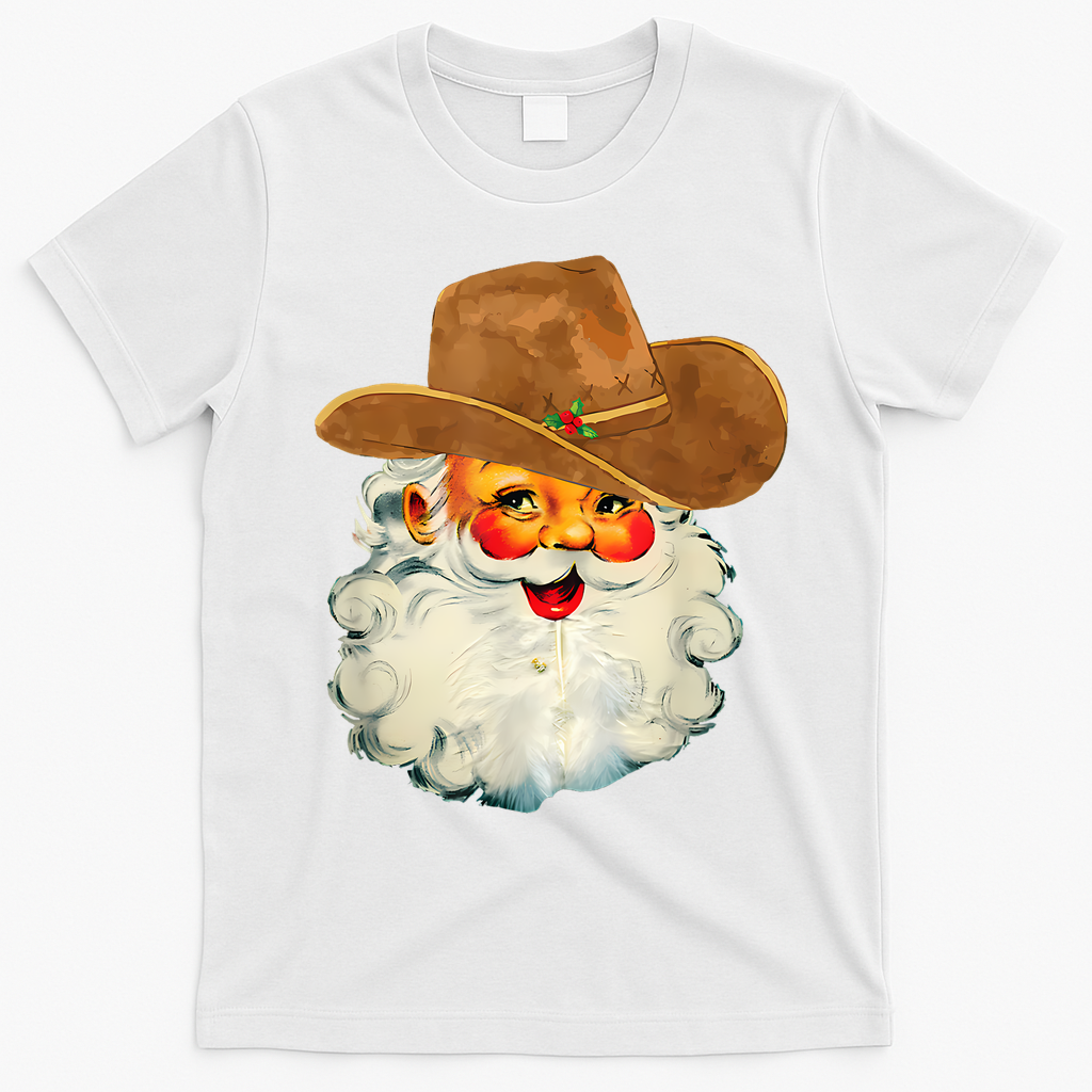 Santa Cowboy Western Christmas Xmas Holiday Pajamas T-Shirt - White