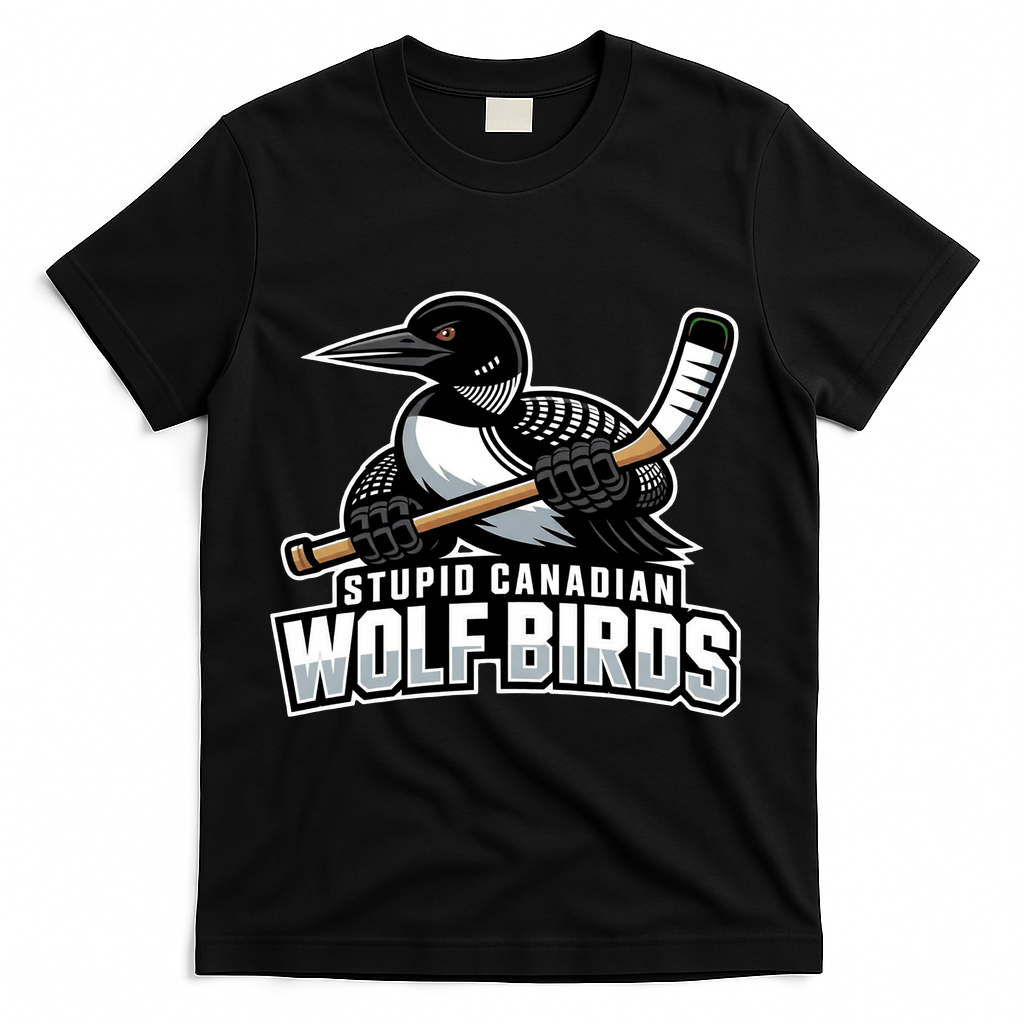 Stupid Canadian Wolf Bird Hockey Duck Funny T-Shirt - Black