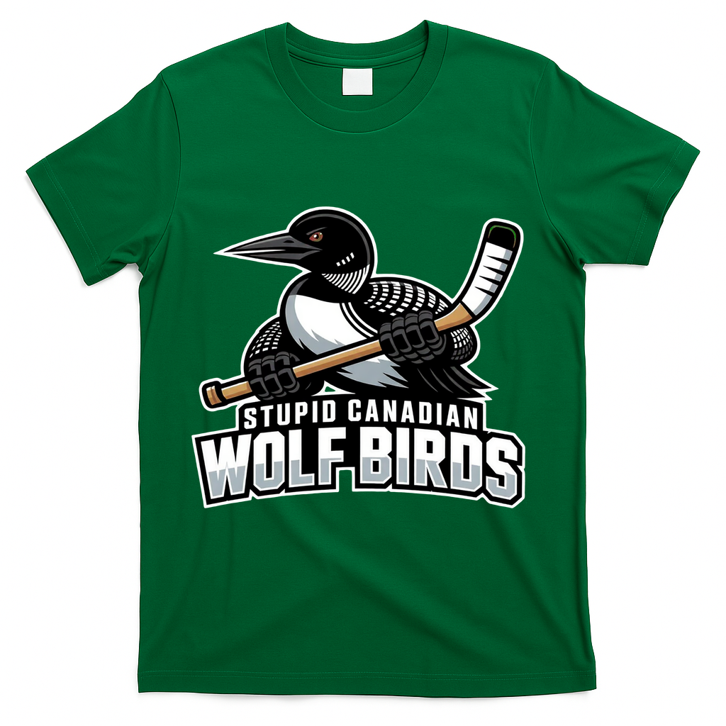 Stupid Canadian Wolf Bird Hockey Duck Funny T-Shirt - Green