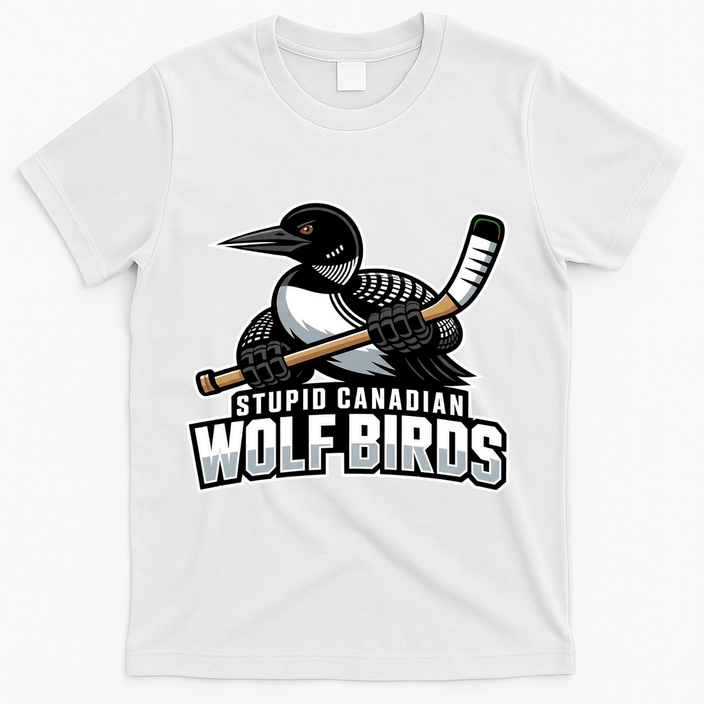 Stupid Canadian Wolf Bird Hockey Duck Funny T-Shirt - White