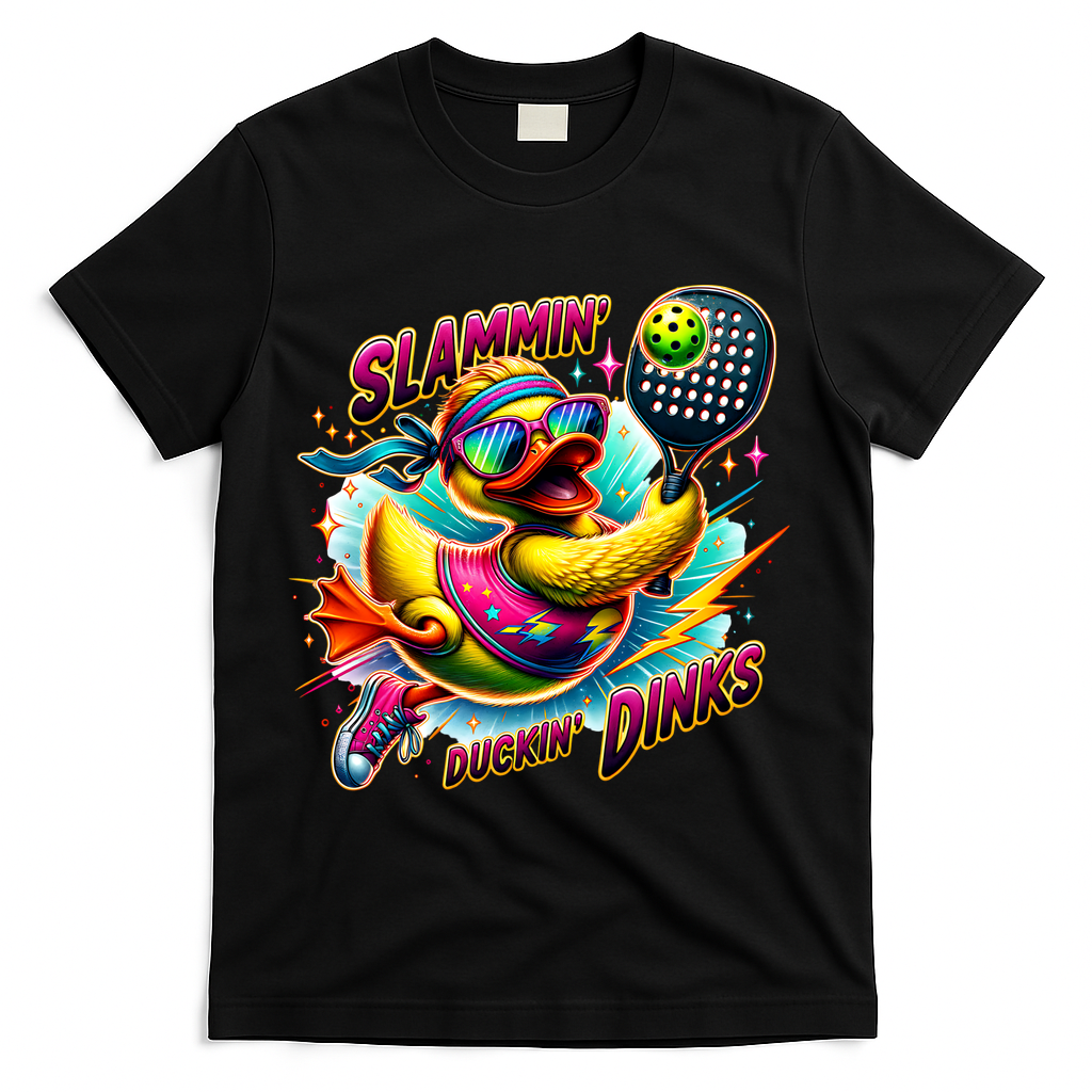 Slammin Duckin Dinks Funny Pickleball Rubber Duck T-Shirt - Black