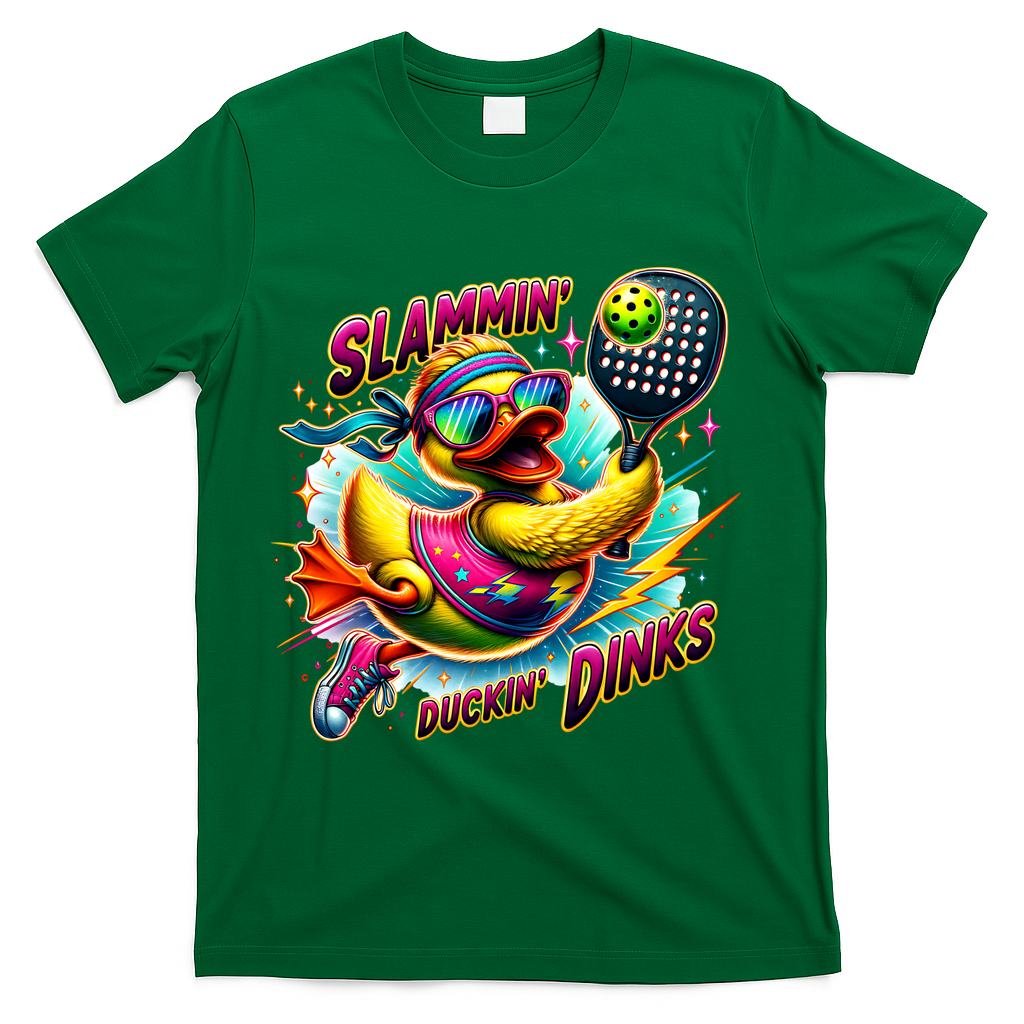 Slammin Duckin Dinks Funny Pickleball Rubber Duck T-Shirt - Green
