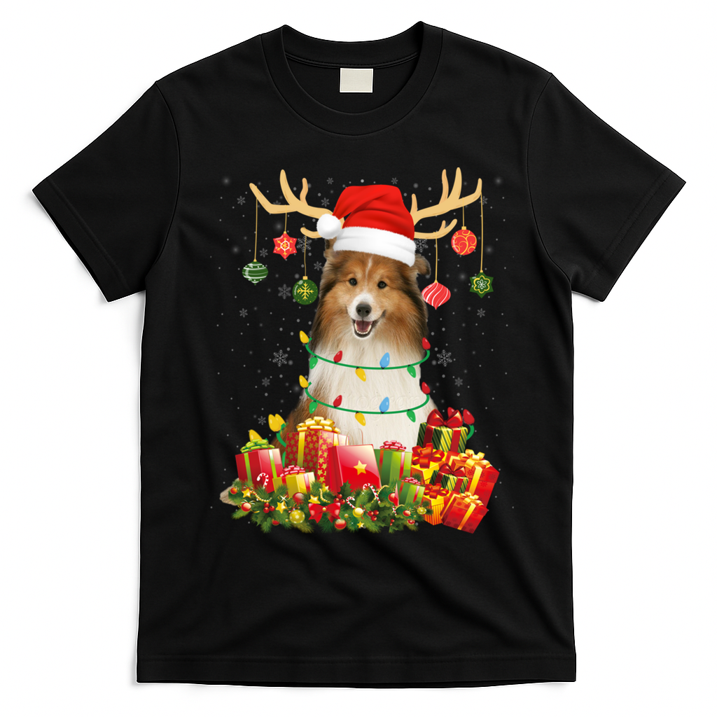 Sheltie Dog Reindeer Santa Hat Christmas Light Xmas Gift T-Shirt - Black