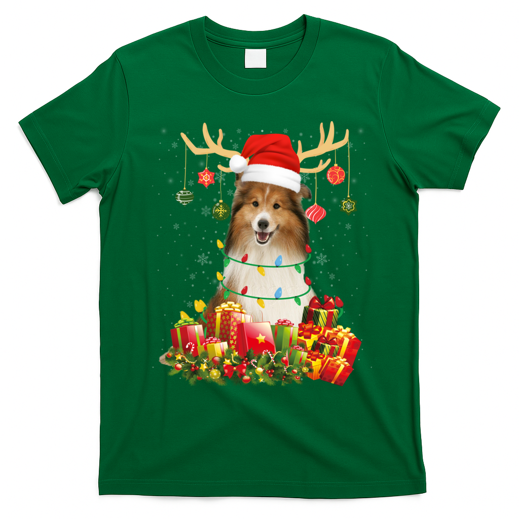 Sheltie Dog Reindeer Santa Hat Christmas Light Xmas Gift T-Shirt - Irish Green