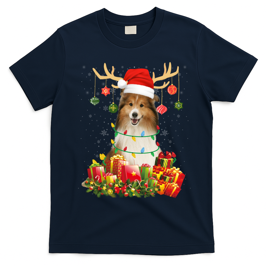 Sheltie Dog Reindeer Santa Hat Christmas Light Xmas Gift T-Shirt - Navy Blue