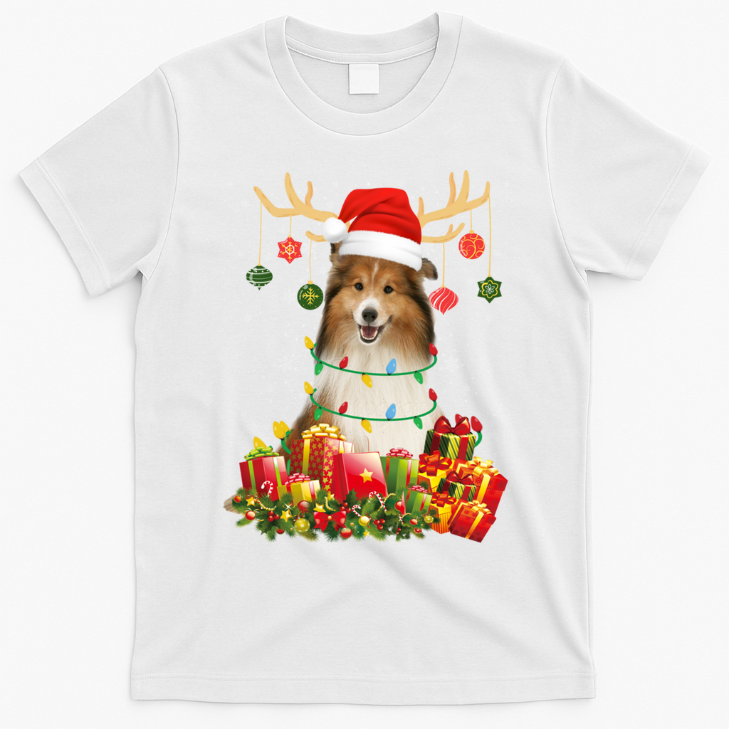 Sheltie Dog Reindeer Santa Hat Christmas Light Xmas Gift T-Shirt - White