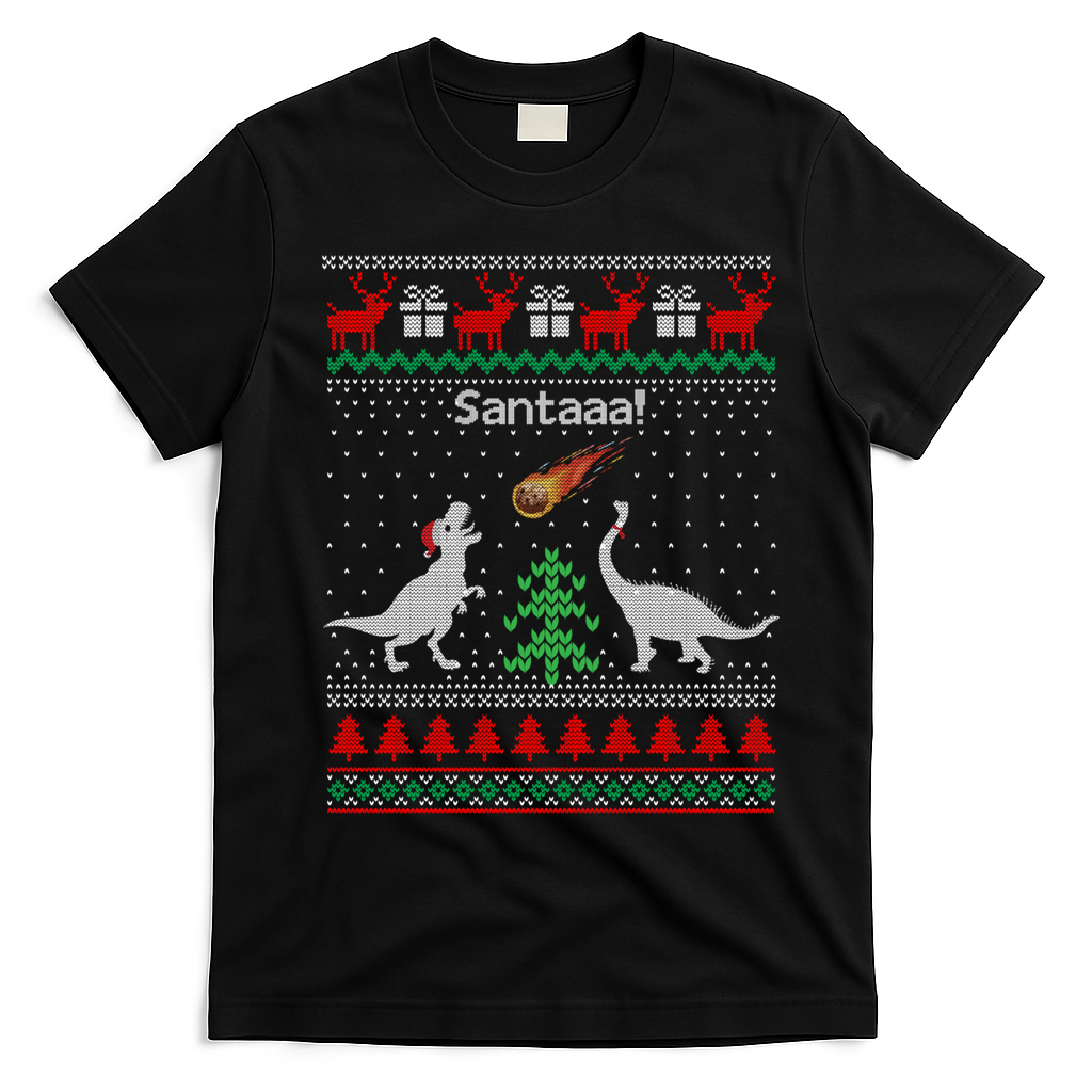 Santa Dinosaur Ugly Christmas Sweater Dinosaur T-Shirt - Black