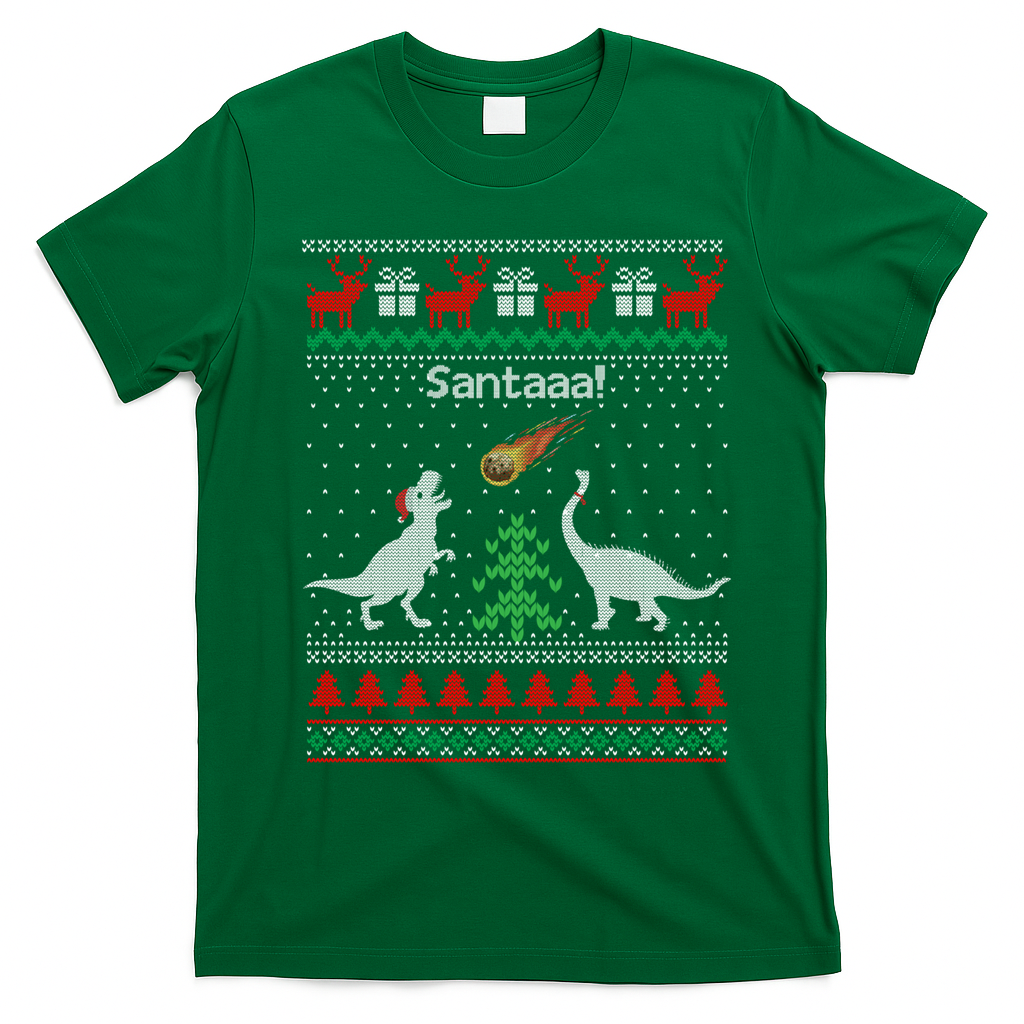 Santa Dinosaur Ugly Christmas Sweater Dinosaur T-Shirt - Irish Green
