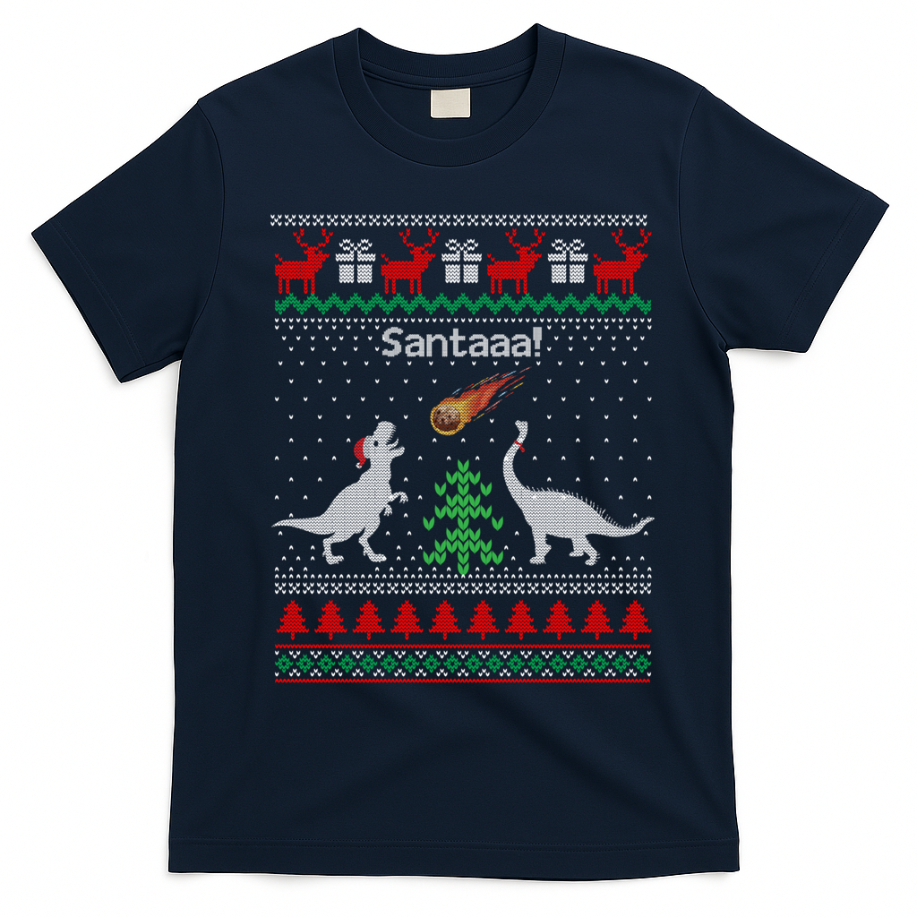 Santa Dinosaur Ugly Christmas Sweater Dinosaur T-Shirt - Navy Blue