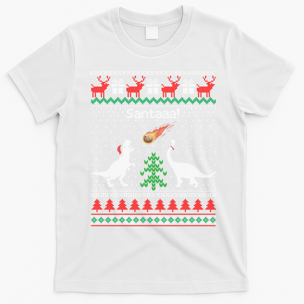 Santa Dinosaur Ugly Christmas Sweater Dinosaur T-Shirt - White