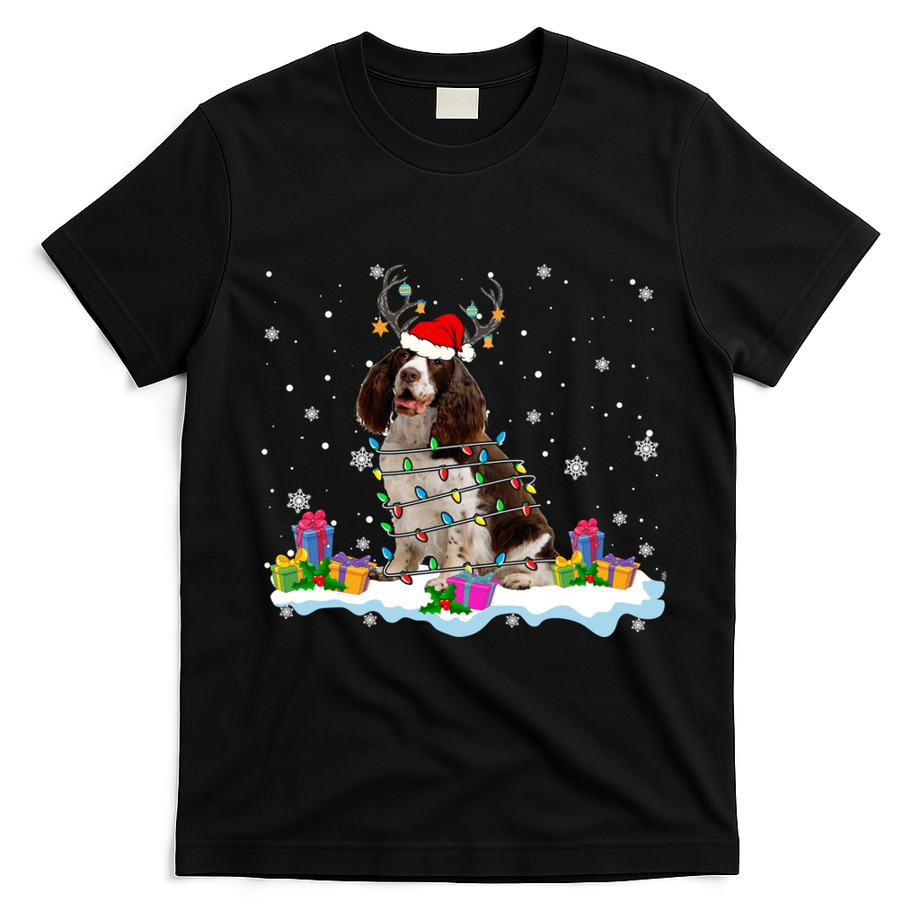 Santa English Springer Spaniel Christmas Santa Reindeer Dog Great Gift T-Shirt - Black