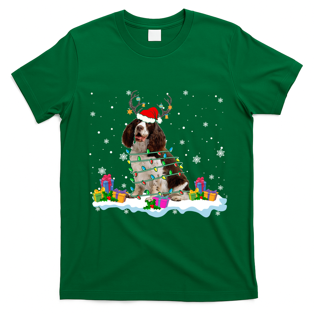 Santa English Springer Spaniel Christmas Santa Reindeer Dog Great Gift T-Shirt - Irish Green