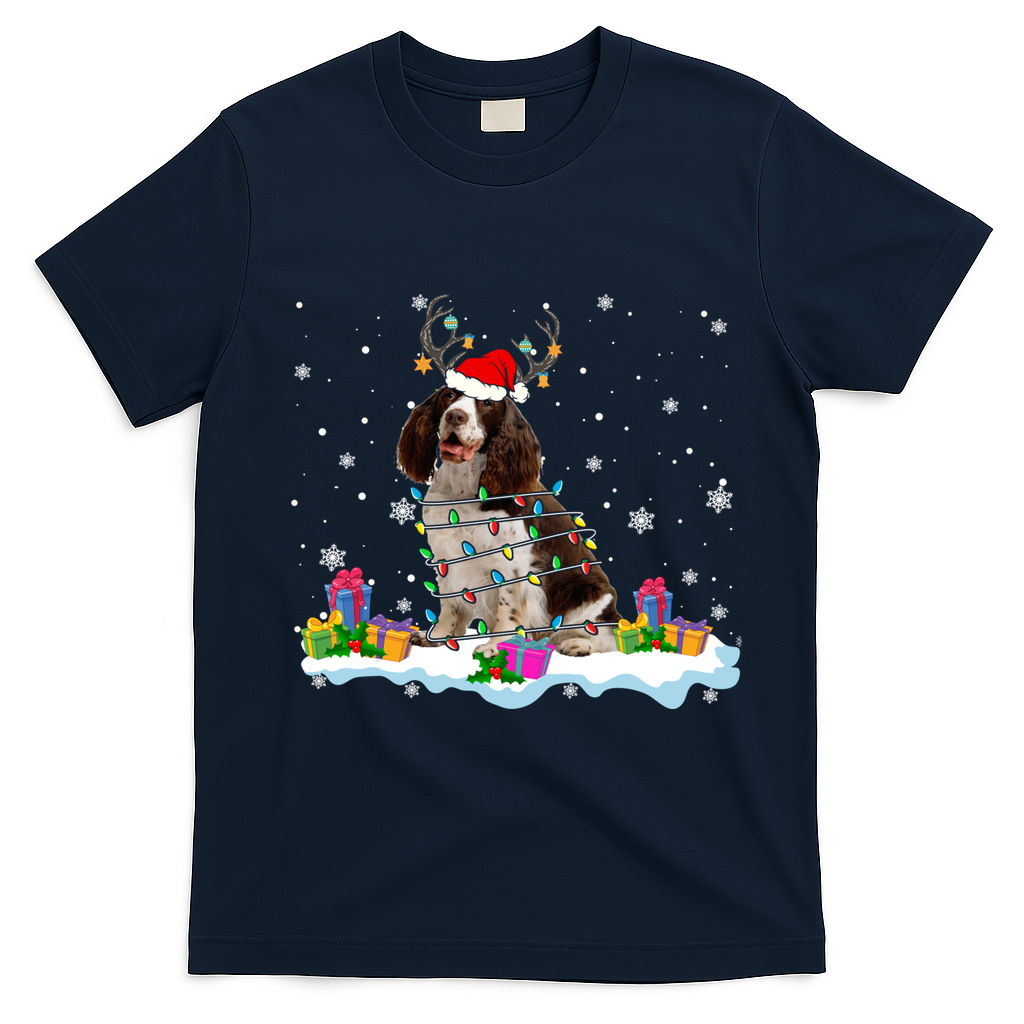 Santa English Springer Spaniel Christmas Santa Reindeer Dog Great Gift T-Shirt - Navy Blue