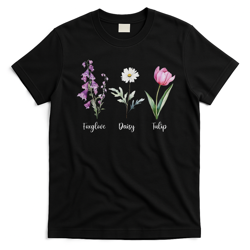 Subtle Floral Anti Trump Flowers Foxglove Daisy Tulip Funny T-Shirt - Black