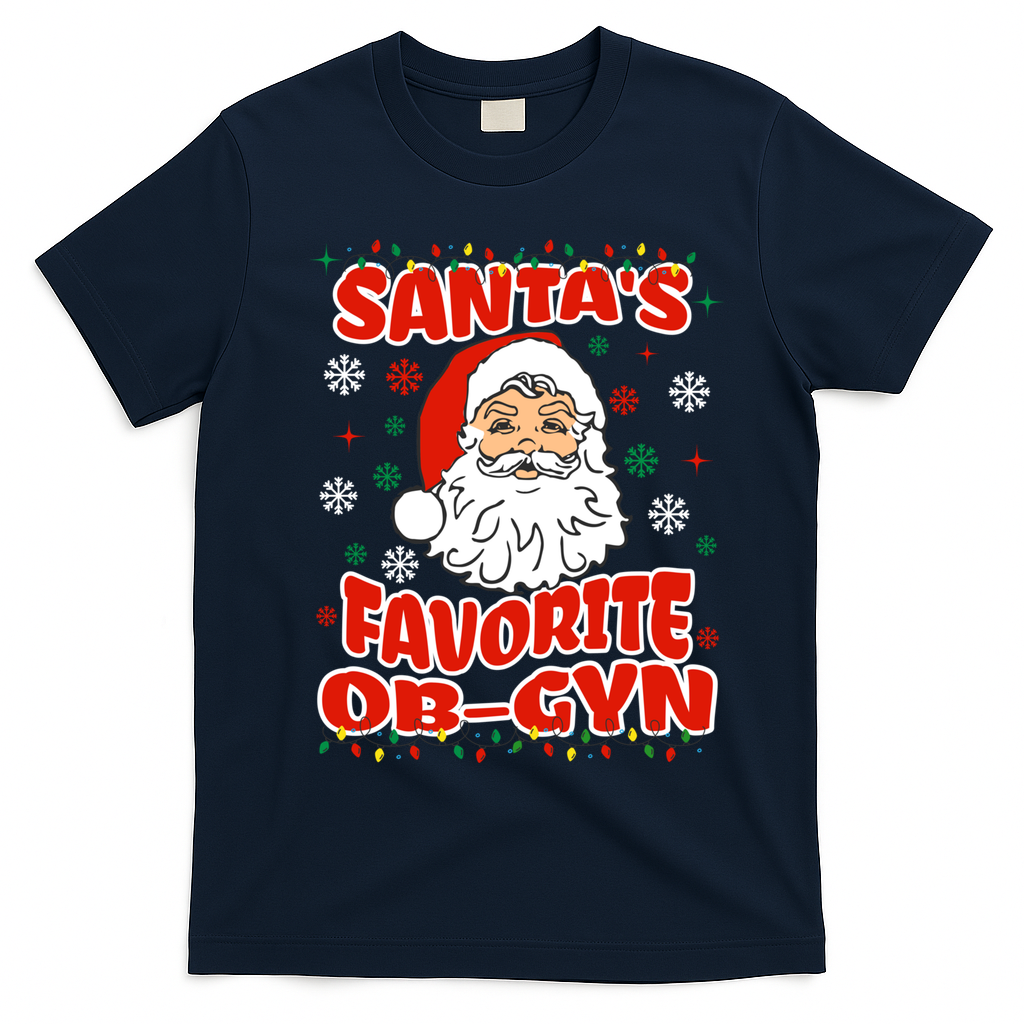 SantaS Favorite Obgyn Christmas Pregnancy Doctor Pajama Swea T-Shirt - Navy Blue