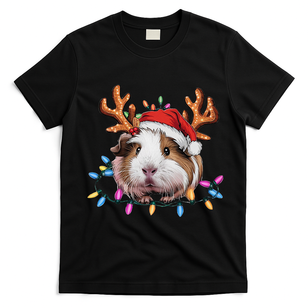 Santa Guinea Pig Christmas Lights Guinea Pig Reindeer Xmas T-Shirt - Black