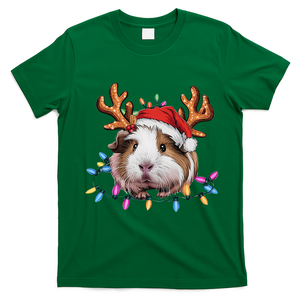 Santa Guinea Pig Christmas Lights Guinea Pig Reindeer Xmas T-Shirt - Irish Green