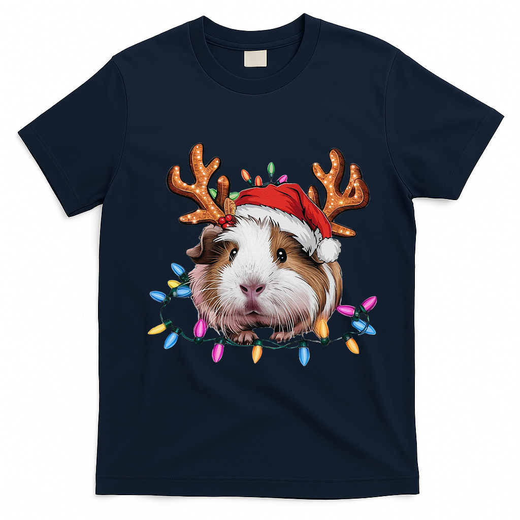 Santa Guinea Pig Christmas Lights Guinea Pig Reindeer Xmas T-Shirt - Navy Blue