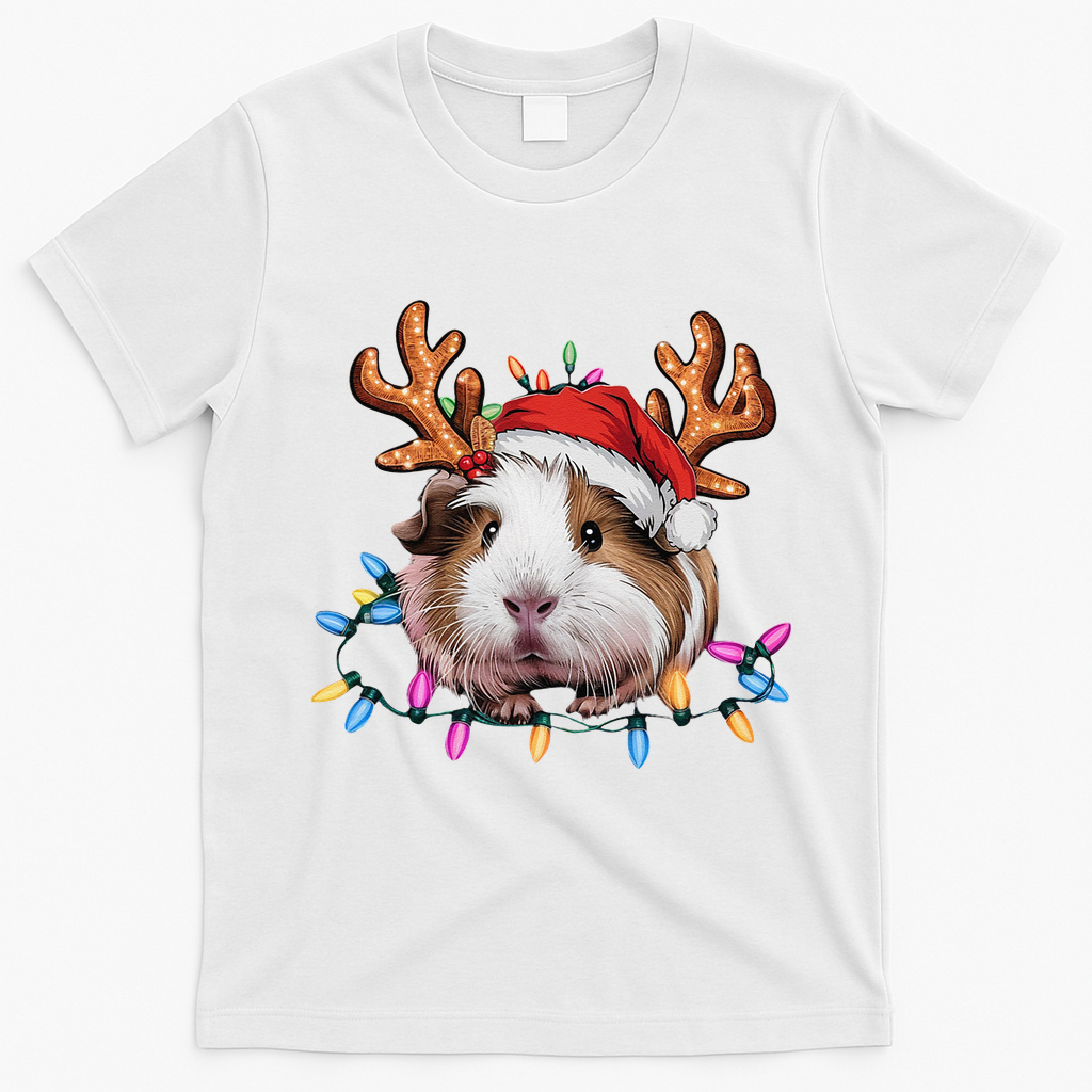Santa Guinea Pig Christmas Lights Guinea Pig Reindeer Xmas T-Shirt - White