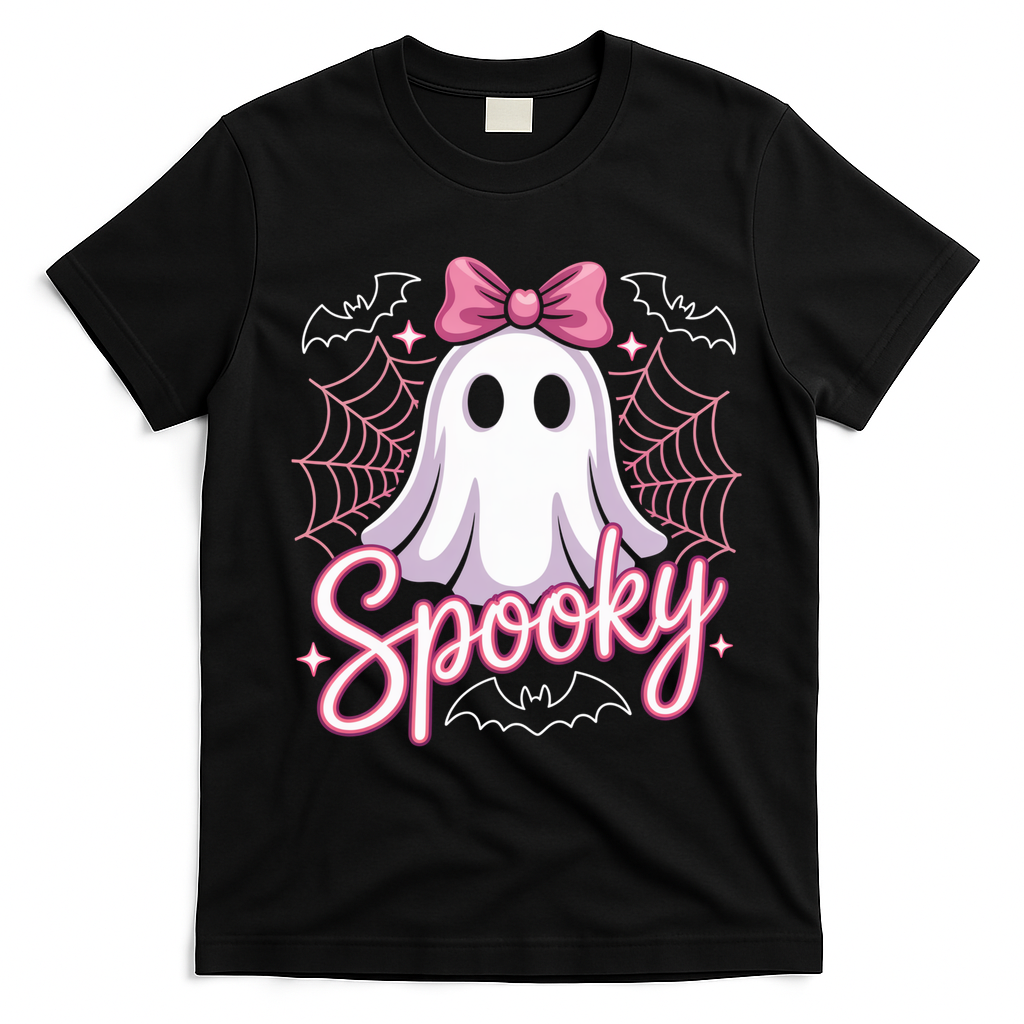 Spooky Ghost Pink Coquette Halloween Cute T-Shirt - Black
