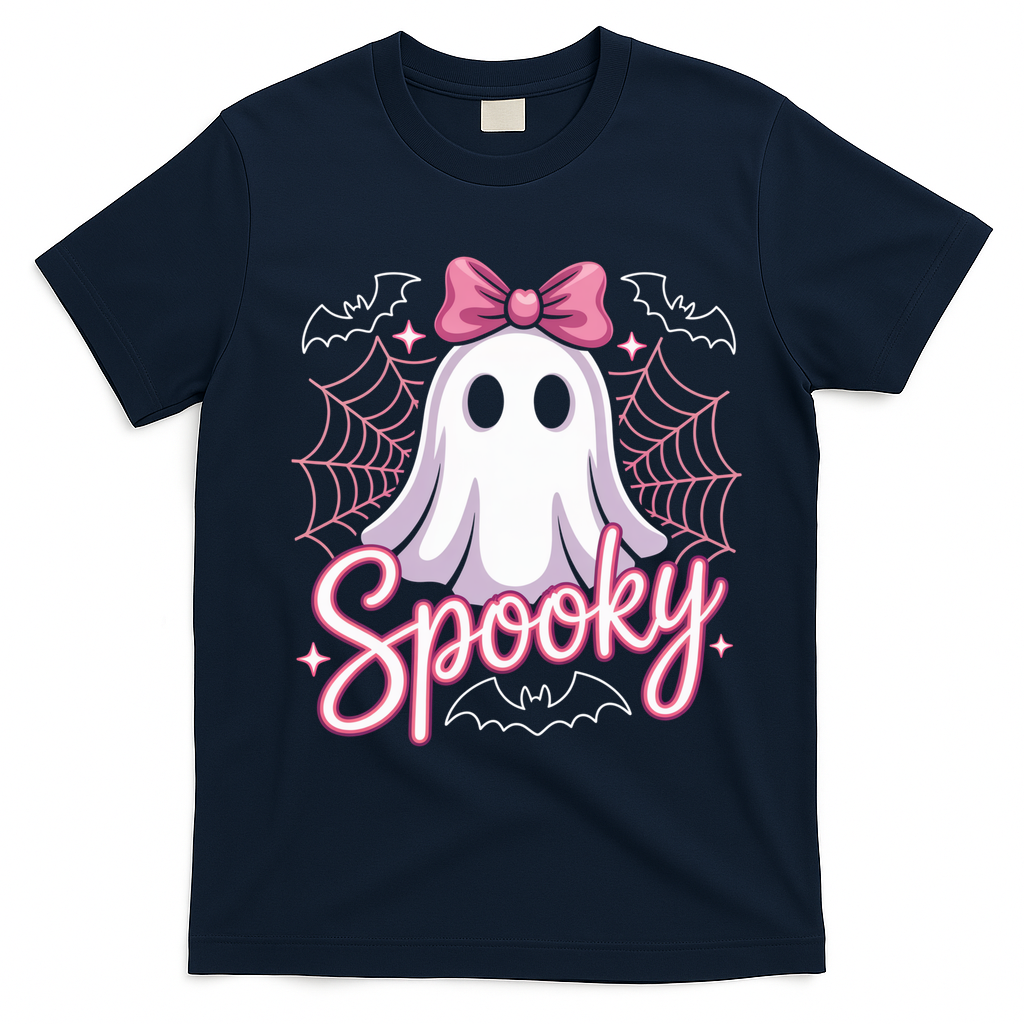 Spooky Ghost Pink Coquette Halloween Cute T-Shirt - Navy Blue