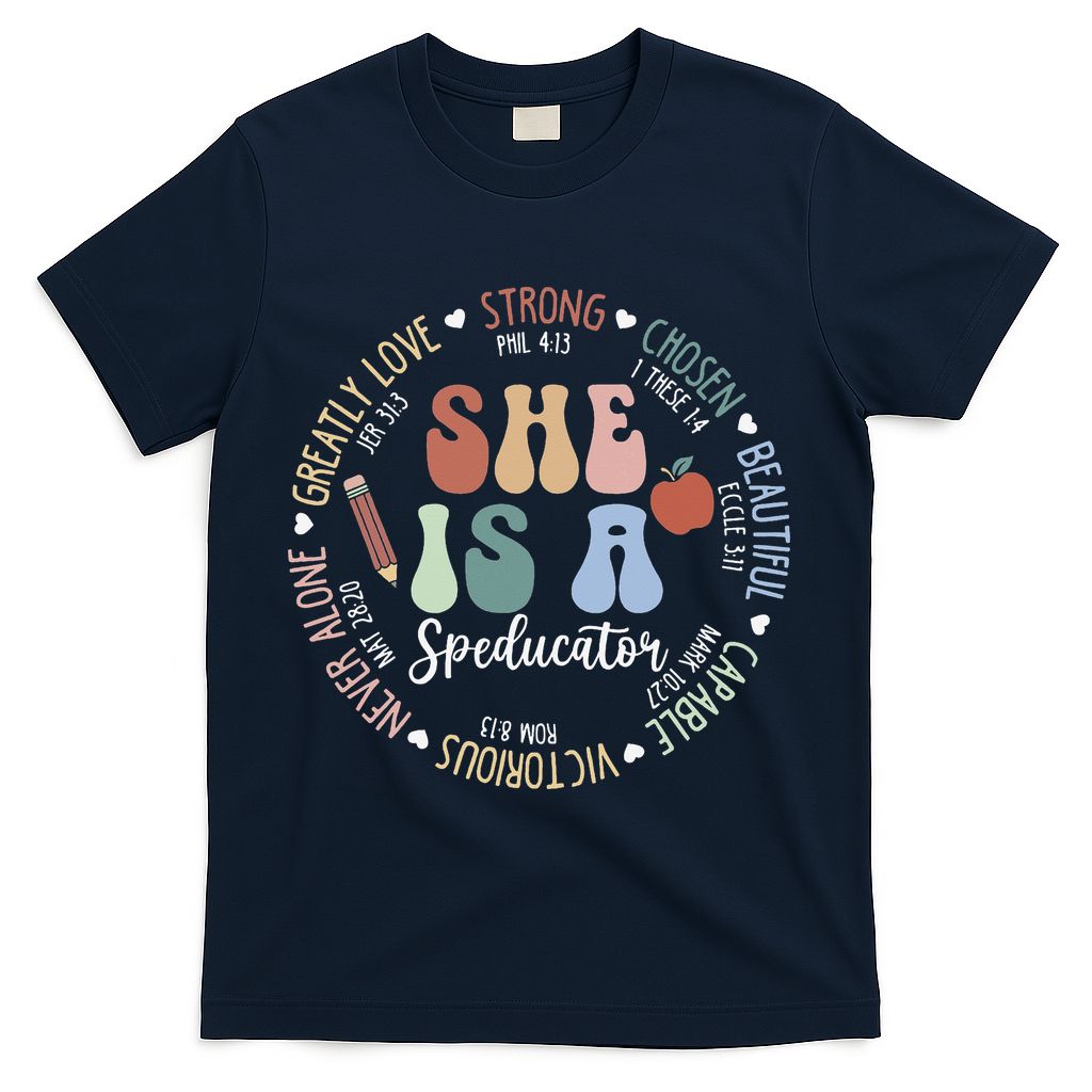 Speducator God Says Bible Verse Christian Back To School T-Shirt - Navy