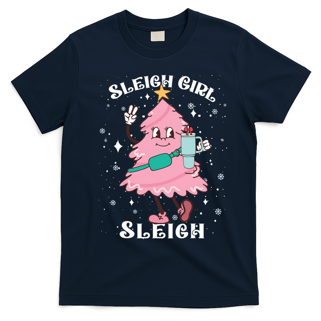 Sleigh Girl Sleigh Reindeer Christmas Retro Xmas Pjs Holiday T-Shirt - Navy Blue