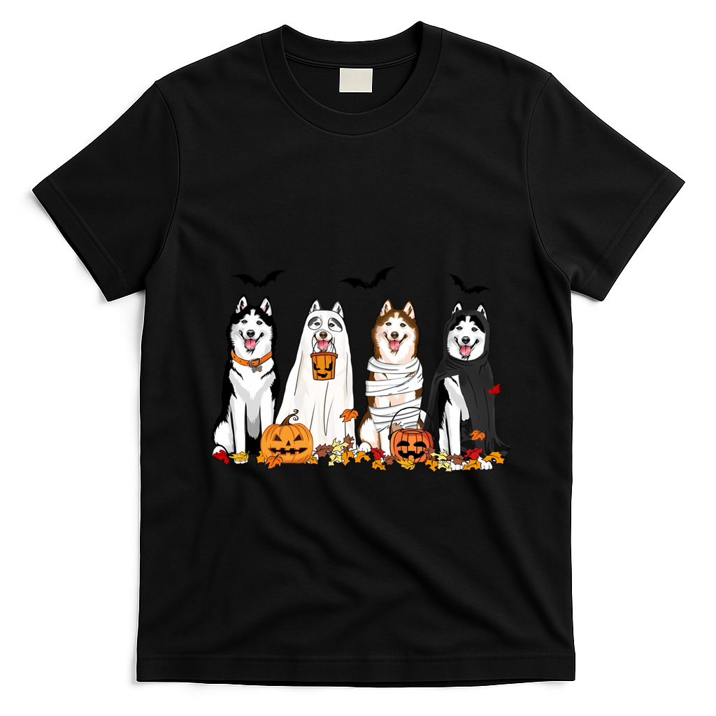 Siberian Husky Dogs Ghost Witch Mummy Halloween Pumpkins Funny Gift T-Shirt - Black