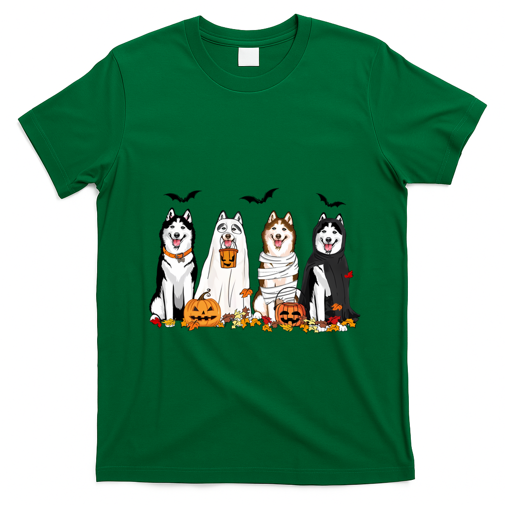 Siberian Husky Dogs Ghost Witch Mummy Halloween Pumpkins Funny Gift T-Shirt - Irish Green