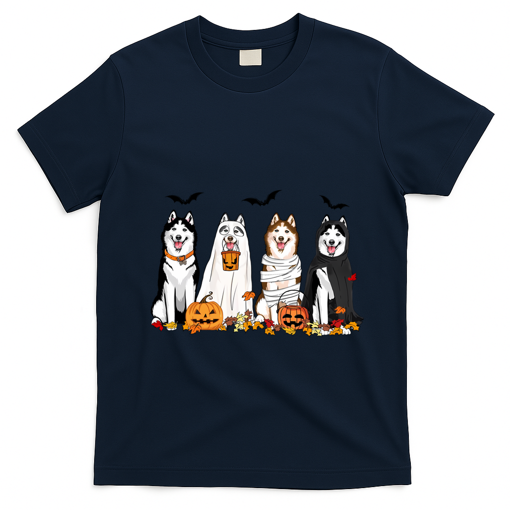 Siberian Husky Dogs Ghost Witch Mummy Halloween Pumpkins Funny Gift T-Shirt - Navy Blue