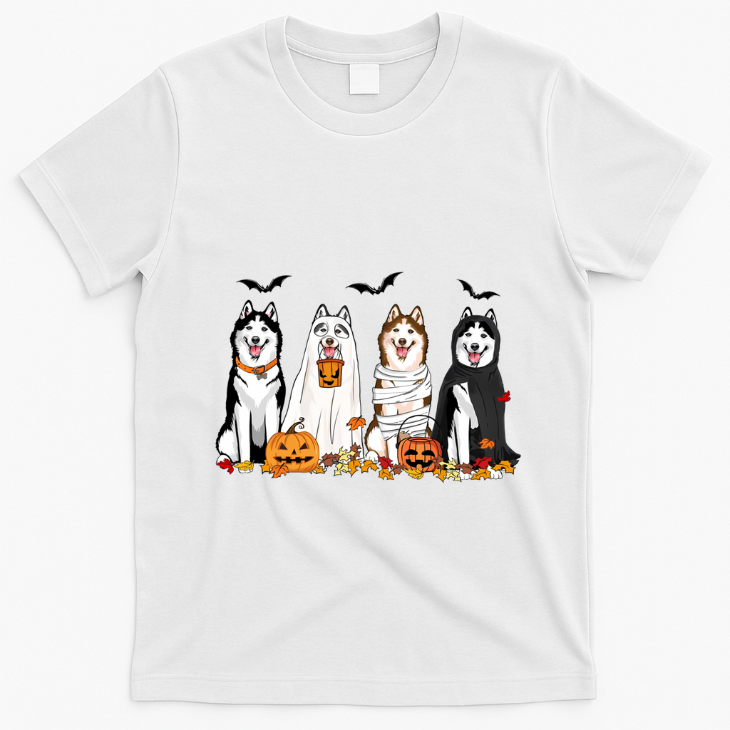 Siberian Husky Dogs Ghost Witch Mummy Halloween Pumpkins Funny Gift T-Shirt - White