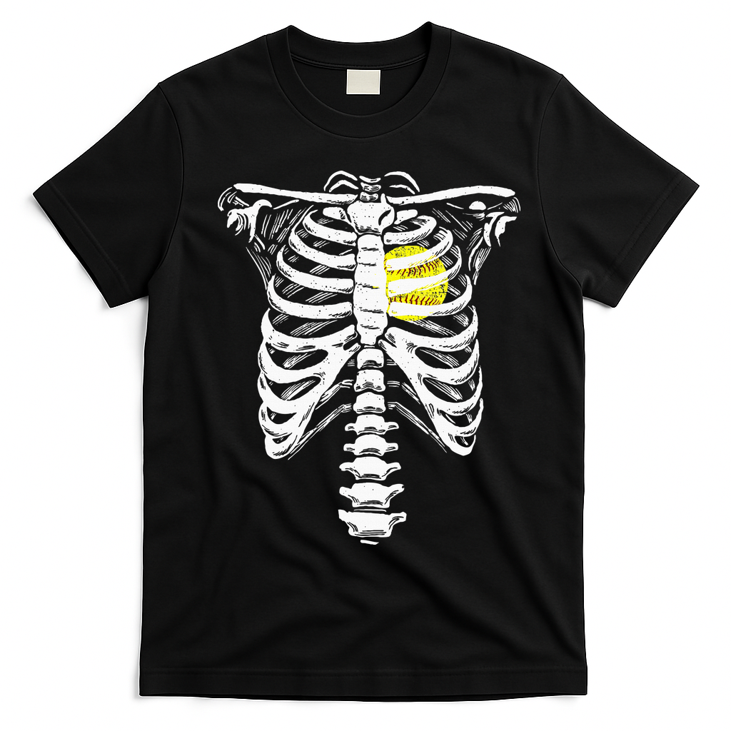 Softball Heart Skeleton Rib Cage Halloween Love Softball T-Shirt - Black