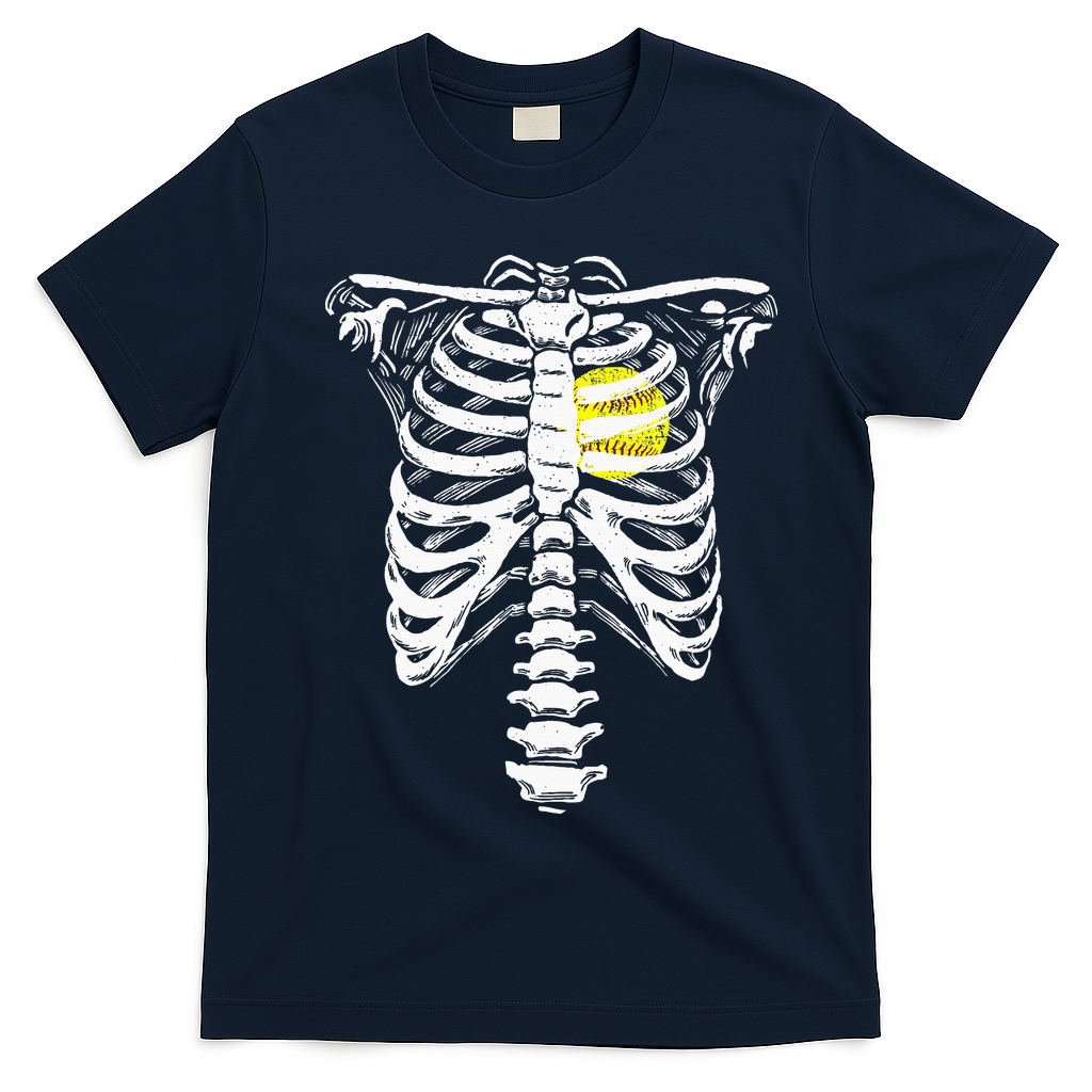 Softball Heart Skeleton Rib Cage Halloween Love Softball T-Shirt - Navy Blue