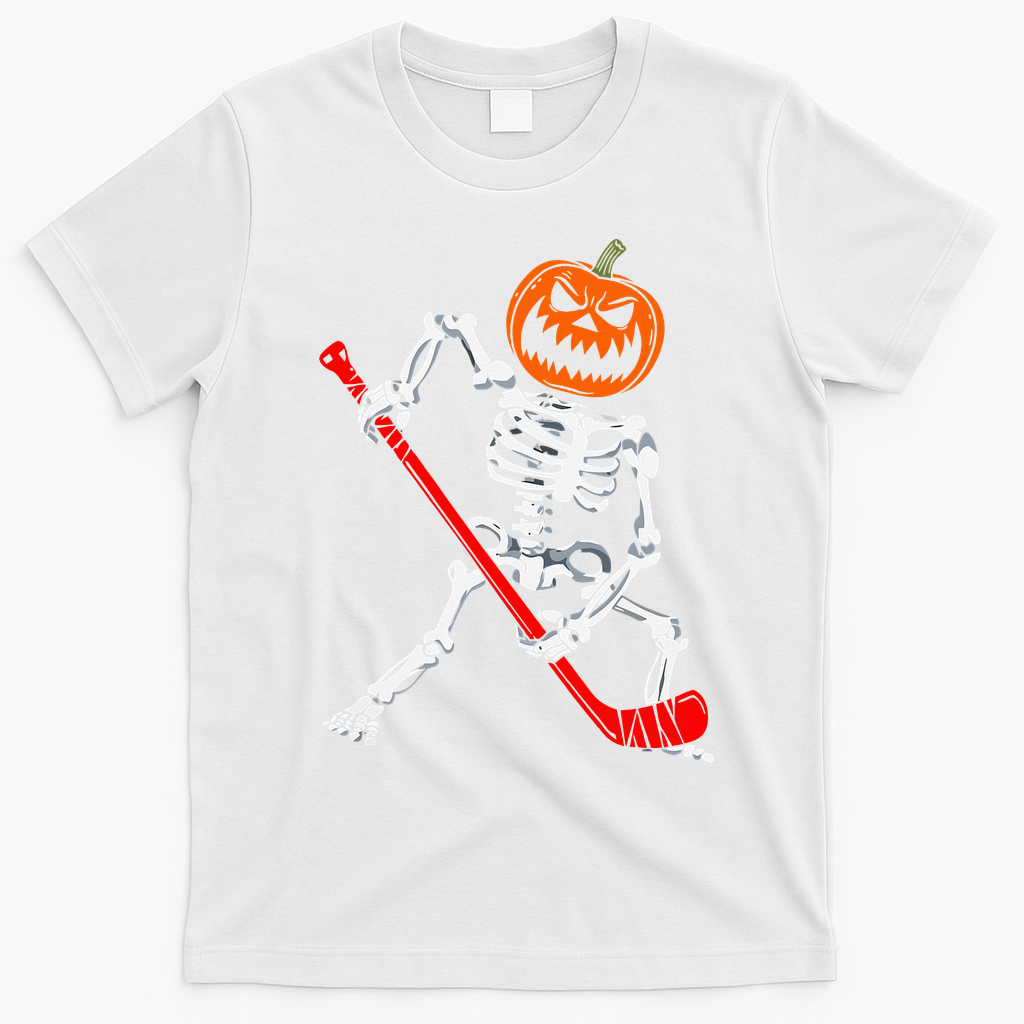 Skeleton Ice Hockey Halloween Pumpkin Hockey T-Shirt - White