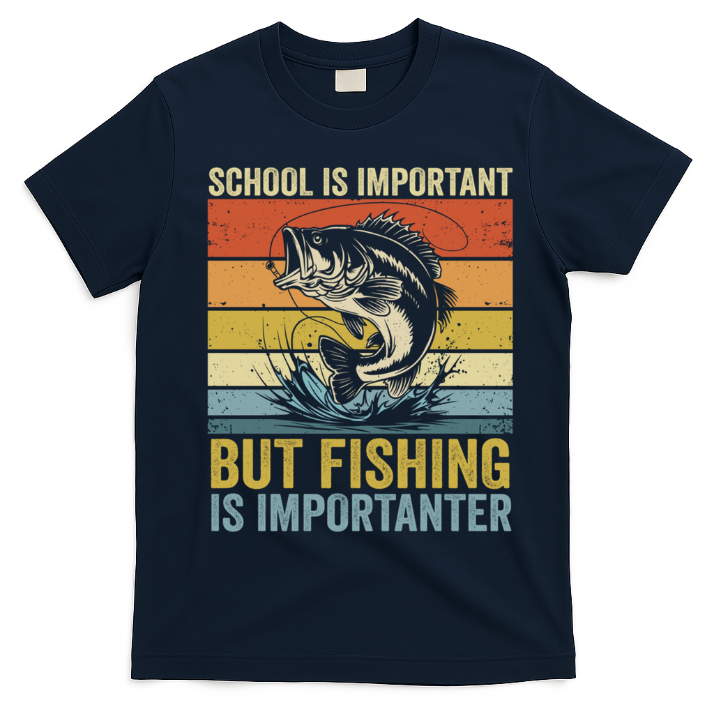 School Is Important But Fishing Is Importanter Funny Fishing Gift T-Shirt - Navy Blue