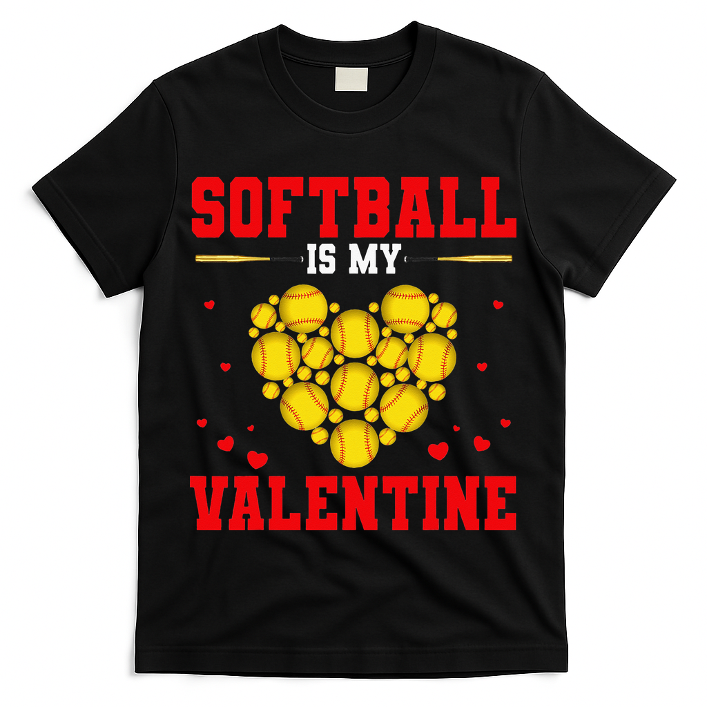 Softball Is My Valentine Love Hearts Softball V-Day T-Shirt