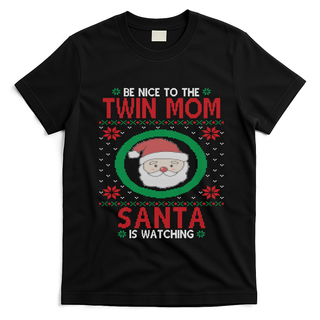 Santa Is Watching New Or Expecting Twin Mom Ugly Christmas Cool Gift T-Shirt - Black